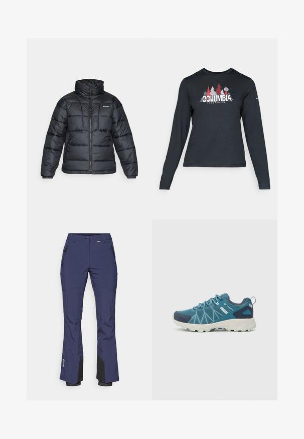 Melnā pūkainā jaka ar augstu apkakli, quilted rakstu un ar rāvējslēdzēju priekšpusi. Iezīmē divas sānu kabatas un elastīgas aproces.; Tumšs pelēks krekls ar garām piedurknēm, ar grafiku, kurā attēloti sarkani koki un kalni; "COLUMBIA" logo treknā baltā tekstā. Mīksta auduma, standarta apaļa kakla izgriezums.; Jūras spēku slēpošanas bikses, izgatavotas no ūdensnecaurlaidīga materiāla, ar pieguļošu dizainu, pastiprinātiem melnajiem malām un ar rāvējslēdzējiem sānu kabatām.; Columbia PEAKFREAK™ II OUTDRY™ - Pārgājienu apavi - blue heron/skylight