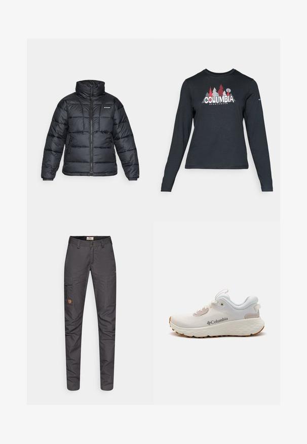 Crna puffa jakna s visokim ovratnikom, kvadratnim uzorkom i zatvaračem sprijeda. Ima dva bočna džepa i elastične manžete.; Majica dugih rukava tamnosive boje s grafikom crvenih drveća i planina; logo "COLUMBIA" u podebljanom bijelom tekstu. Mekana tkanina, standardni okrugli izrez.; Sive lagane cargo hlače s prilagođenim krojem, s bočnim džepom, ojačanim koljenima i kožnom oznakom s logotipom.; Lagani atletski cipele Columbia izrađene od bijele mrežaste tkanine s teksturiranom sivom potplatom i gumom za bolje prianjanje. Imaju podstavljeni ovratnik i dizajn s vezicama.
