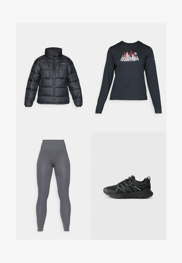 Crna puffa jakna s visokim ovratnikom, kvadratnim uzorkom i zatvaračem sprijeda. Ima dva bočna džepa i elastične manžete.; Majica dugih rukava tamnosive boje s grafikom crvenih drveća i planina; logo "COLUMBIA" u podebljanom bijelom tekstu. Mekana tkanina, standardni okrugli izrez.; Sive rebraste tajice s visokim pojasom, uskog kroja i teksturirane tkanine. Nema vidljivih uzoraka ili hardverskih detalja.; Columbia PEAKFREAK - Obuća za pješačenje - black