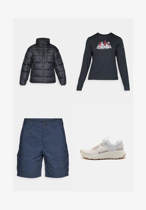 Casaco puffer preto com gola alta, padrão acolchoado e fecho éclair à frente. Apresenta dois bolsos laterais e punhos elásticos.; Camisa de mangas longas cinza escuro com um gráfico de árvores vermelhas e montanhas; logótipo "COLUMBIA" em texto branco em negrito. Tecido suave, cuello redondo padrão.; Calças cargo azul-marinho feitas de tecido leve, apresentando dois bolsos laterais, fecho com botão e um corte confortável.; Sapatilha atlética leve da Columbia em malha branca com uma sola cinza texturizada e tração em borracha. Apresenta um colarinho acolchoado e um design com atacadores.