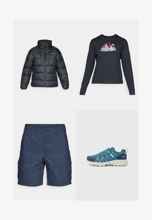 Fekete puffermellény magas gallérral, steppelt mintával és cipzáras elülső résszel. Két oldalsó zsebe és rugalmas mandzsettái vannak.; Hosszú ujjú, sötétszürke ing piros fákkal és hegyekkel díszítve; a "COLUMBIA" logó vastag fehér betűkkel. Puha anyag, klasszikus kerek nyakkivágás.; Sötétkék vászon cargo nadrág könnyű anyagból, két oldalsó zsebbel, gombos záródással és laza szabással.; Columbia PEAKFREAK™ II OUTDRY™ - Túracipők - blue heron/skylight
