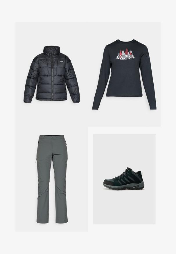 Črna pihasta jakna z visokim ovratnikom, prešitimi vzorci in zadrgo spredaj. Ima dve stranski žepki in elastične manšete.; Majica z dolgimi rokavi temno siva z grafiko rdečih dreves in gora; logotip "COLUMBIA" v krepki beli barvi. Mehka tkanina, standarden krojen ovratnik.; Sive hlače za prosto vreme, narejene iz lahkega, strukturiranega materiala; imajo žep z zadrgo in prilagojen kroj s ravno nogavico.; Columbia REDMOND - Pohodniški čevlji - black/citron haze