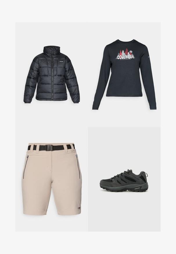 Juodas pūkuotas švarkas su aukštu apykakle, išsiuvinėtu raštu ir užtrauktuku priekyje. Yra dvi šoninės kišenės ir elastingi rankogaliai.; Ilga rankovė tamsiai pilka marškinėliai su raudonų medžių ir kalnų grafika; drąsaus baltos spalvos teksto "COLUMBIA" logotipas. Minkšta medžiaga, standartinis apvalus kaklas.; Bežiniai šortai su juodu reguliuojamu diržu, turintys dvi šonines užtrauktukų kišenes ir subtilius siuvimo akcentus. Lygi medžiaga su pritaikytu siluetu.; Columbia REDMOND - Turistiniai batai - black/citron haze