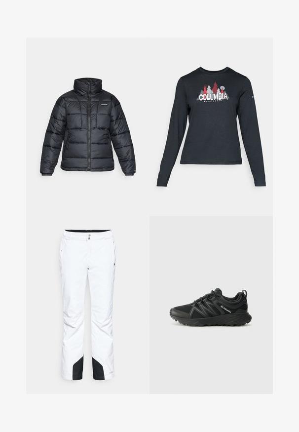 Black puffer jacket with high collar, quilted pattern, and zippered front. Features two side pockets and elastic cuffs.; Long-sleeve dark gray shirt with a graphic of red trees and mountains; "COLUMBIA" logo in bold white text. Soft fabric, standard crew neck.; White snow pants with a sleek design, featuring two front pockets, reinforced black lower panels, and a button closure at the waistband.; Columbia PEAKFREAK - Hiking shoes - black