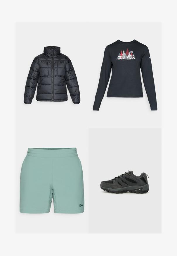 Svart puffjacka med hög krage, quiltat mönster och zippered front. Har två sidofickor och elastiska handledar.; Långärmad mörkgrå tröja med grafik av röda träd och berg; "COLUMBIA"-logotyp i fet vit text. Mjukt tyg, standard rund hals.; Ljusa gröna shorts av mjukt tyg, med en slät midja och en liten svart logotyp på den nedre sidan. Enkelt, funktionellt design.; Columbia REDMOND - Hikingskor - black/citron haze