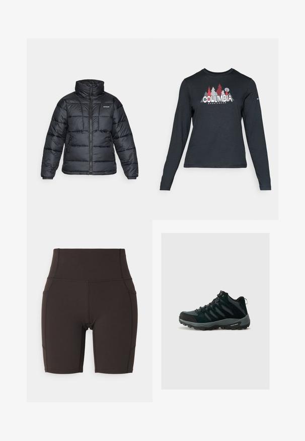 Juodas pūkuotas švarkas su aukštu apykakle, išsiuvinėtu raštu ir užtrauktuku priekyje. Yra dvi šoninės kišenės ir elastingi rankogaliai.; Ilga rankovė tamsiai pilka marškinėliai su raudonų medžių ir kalnų grafika; drąsaus baltos spalvos teksto "COLUMBIA" logotipas. Minkšta medžiaga, standartinis apvalus kaklas.; Aukštos juosmens, tamsiai rudos spalvos kompresinės šortai, pagaminti iš lygaus audinio, turintys plokščią siūlų siuvimą ir šonines kišenes patogumui.; Columbia REDMOND - Turistiniai batai - black/citron haze