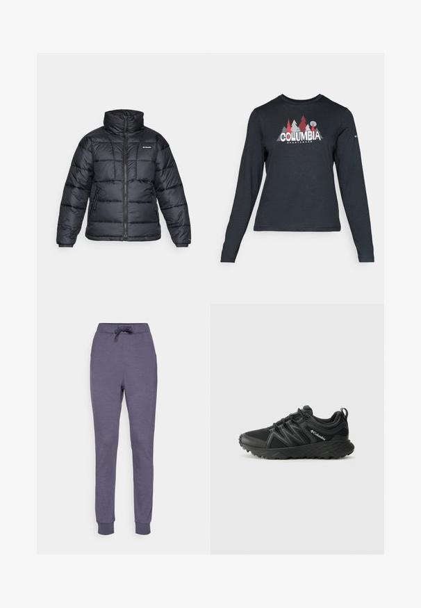 Sort pufferjakke med høj krave, quiltet mønster og lynlåsfront. Har to sidelommer og elastiske manchetter.; Langærmet mørkegrå skjorte med grafik af røde træer og bjerge; "COLUMBIA" logo i fed hvid tekst. Blødt stof, standard rund hals.; Grå joggebukser med elastisk talje, snor og ribbede manchetter. Fremstillet af et blødt stof med en glat overflade.; Columbia PEAKFREAK - Hikingsko - black