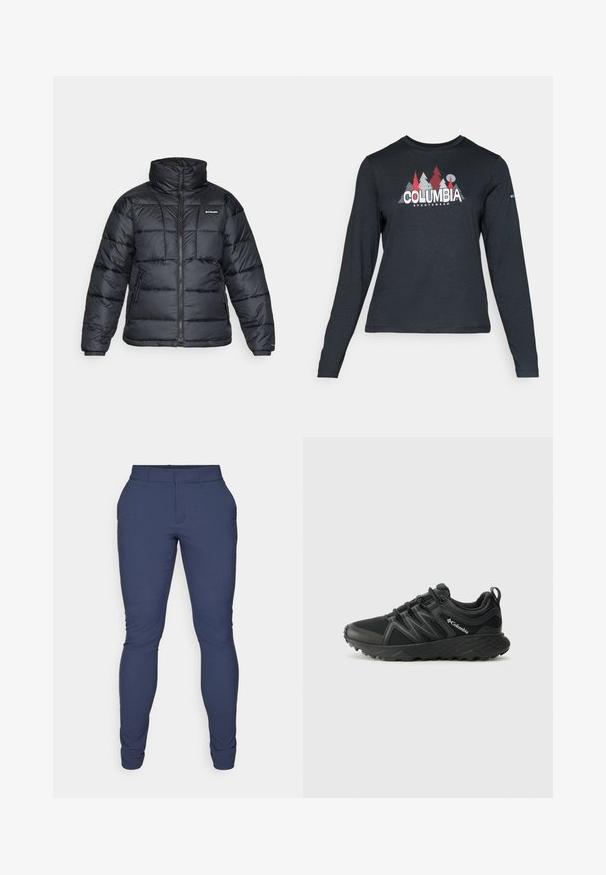 Musternatukamm, millel on kõrge krae, tikitud muster ja tõmblukuga esiosa. Sellel on kaks küljetaskut ja elastsed mansetid.; Pikend varrukatega tumehall särk, millel on punaste puude ja mägede graafika; "COLUMBIA" logo julge valge tekstiga. Pehme kangas, tavaline ümmargune kaelus.; Tumesinid püksid, mis on valmistatud siledast ja venivast kangast. Omavad kitsast lõiget, lamedat etteosa ja kitsenevaid sääreotsi. Ei ole nähtavaid dekoratiivelemente.; Columbia PEAKFREAK - Matkajalatsid - black