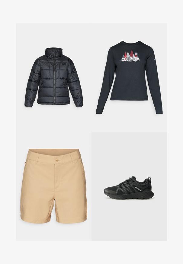 Juodas pūkuotas švarkas su aukštu apykakle, išsiuvinėtu raštu ir užtrauktuku priekyje. Yra dvi šoninės kišenės ir elastingi rankogaliai.; Ilga rankovė tamsiai pilka marškinėliai su raudonų medžių ir kalnų grafika; drąsaus baltos spalvos teksto "COLUMBIA" logotipas. Minkšta medžiaga, standartinis apvalus kaklas.; Šviesiai rudos šortai, pagaminti iš minkštos medžiagos, turi plokščią priekį, mygtuko užtraukimą ir užtraukiamą kišenę šone. Yra tvarkingas siuvimas ir klasikinis siluetas.; Columbia PEAKFREAK - Turistiniai batai - black