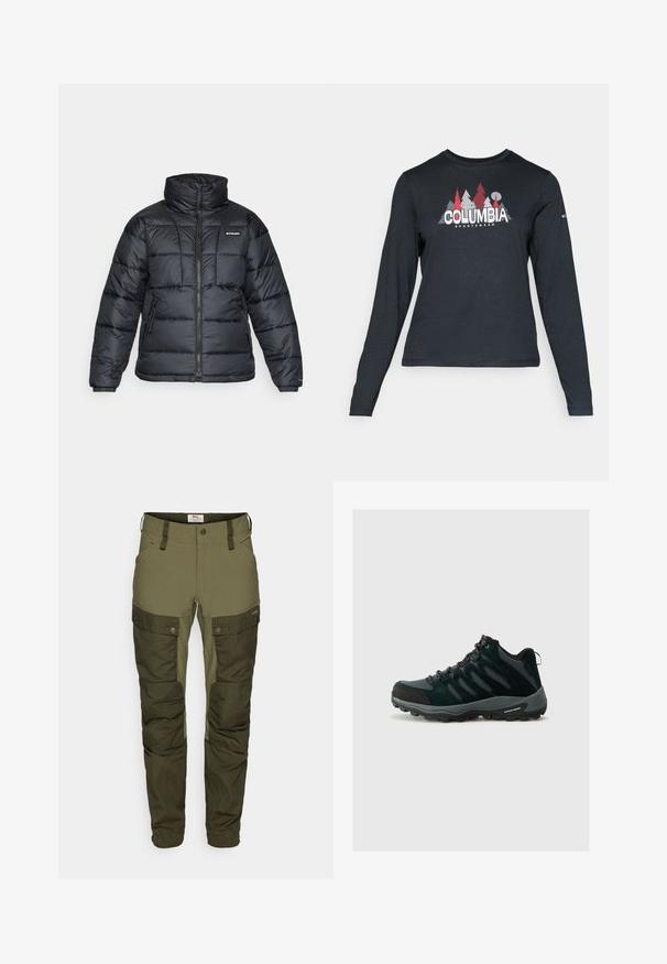Svart dunjakke med høy krage, kviltet mønster og glidelås foran. Har to sidelommer og elastiske mansjetter.; Langermet mørkegrå skjorte med grafikk av røde trær og fjell; "COLUMBIA" logo i fet hvit tekst. Mykt stoff, standard rund hals.; Grønne utendørsbukser laget av slitesterkt materiale, med cargo-lommene, en tettsittende topp og teksturvariasjoner på leggene.; Columbia REDMOND - Fjellsko - black/citron haze