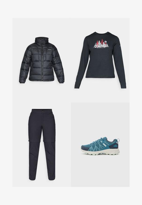 Crna puffa jakna s visokim ovratnikom, kvadratnim uzorkom i zatvaračem sprijeda. Ima dva bočna džepa i elastične manžete.; Majica dugih rukava tamnosive boje s grafikom crvenih drveća i planina; logo "COLUMBIA" u podebljanom bijelom tekstu. Mekana tkanina, standardni okrugli izrez.; Tamno sive, lagane hlače na patent zatvaranje. Ima dugme, džepove i glatku teksturu. Dizajnirane za svestranost i upotrebu na otvorenom.; Columbia PEAKFREAK™ II OUTDRY™ - Obuća za pješačenje - blue heron/skylight