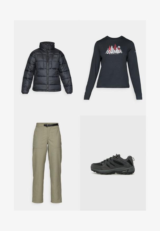 Črna pihasta jakna z visokim ovratnikom, prešitimi vzorci in zadrgo spredaj. Ima dve stranski žepki in elastične manšete.; Majica z dolgimi rokavi temno siva z grafiko rdečih dreves in gora; logotip "COLUMBIA" v krepki beli barvi. Mehka tkanina, standarden krojen ovratnik.; Kaki hlače iz teksturirane tkanine, s ravnim krojem, dvema sprednjima žepoma in črnim pasom v pasu.; Columbia REDMOND - Pohodniški čevlji - black/citron haze