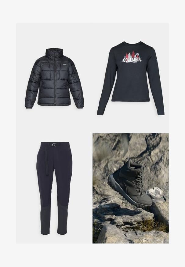 Musternatukamm, millel on kõrge krae, tikitud muster ja tõmblukuga esiosa. Sellel on kaks küljetaskut ja elastsed mansetid.; Pikend varrukatega tumehall särk, millel on punaste puude ja mägede graafika; "COLUMBIA" logo julge valge tekstiga. Pehme kangas, tavaline ümmargune kaelus.; Tumedat sinised välispüksid, mis on valmistatud kergest kangast, millel on vöö, taskud ja kontrastsed tumedashallid põlvepaneelid lisaks vastupidavusele.; Tumehallid matkajalatsid, mis on valmistatud sünteetilisest materjalist, omavad pehmendatud kaelaosa, metallist silmuseid ja tekstuurset kummist tallat, mis tagab haarduvuse.