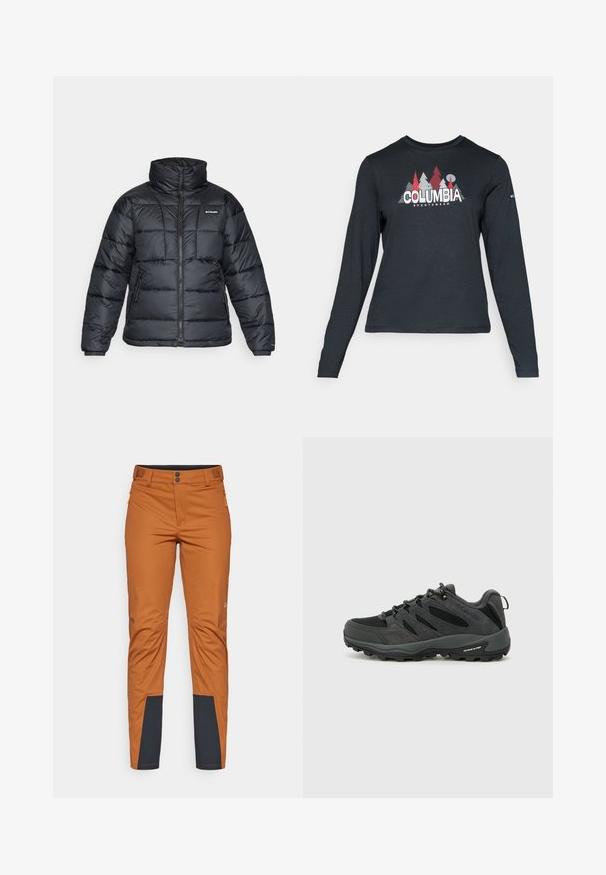 Mustat puffatakit, joissa on korkea kaulus, päivitysympäristö ja vetoketjullinen etuosa. Varustettu kahdella sivutaskulla ja joustavilla hihansuilla.; Tummanharmaa pitkähihaisen paidan graafinen kuva punaisista puista ja vuorista; "COLUMBIA" -logo lihavoituna valkoisella tekstillä. Pehmeä kangas, normaali pyöreä kaula-aukko.; Oranssit ulkopantat, joissa on suora leikkaus, tumma sininen yksityiskohta alahengissä, kaksi etutaskua vetoketjulla ja napitus.; Columbia REDMOND - Vaelluskengät - black/citron haze