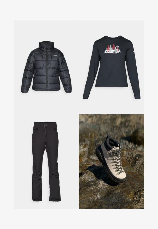 Musternatukamm, millel on kõrge krae, tikitud muster ja tõmblukuga esiosa. Sellel on kaks küljetaskut ja elastsed mansetid.; Pikend varrukatega tumehall särk, millel on punaste puude ja mägede graafika; "COLUMBIA" logo julge valge tekstiga. Pehme kangas, tavaline ümmargune kaelus.; Mustad suusapüksid kõrge vööümbermõõduga, tõmblukk ja nööbi kinnitusega, kahe küljetaskuga ja reguleeritavate Velcro aktsentidega vöökohtadel.; Heledbeez hikingud asjad musta kummist tallaga, painduva ülaosaga, metallist silmade ja hallide paeltega, asetatud kivisele pinnale.