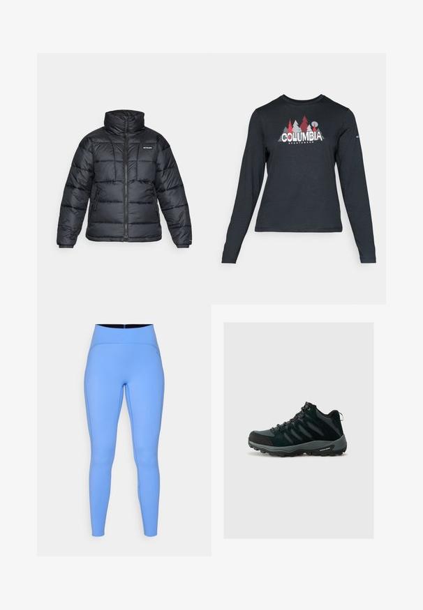 Juodas pūkuotas švarkas su aukštu apykakle, išsiuvinėtu raštu ir užtrauktuku priekyje. Yra dvi šoninės kišenės ir elastingi rankogaliai.; Ilga rankovė tamsiai pilka marškinėliai su raudonų medžių ir kalnų grafika; drąsaus baltos spalvos teksto "COLUMBIA" logotipas. Minkšta medžiaga, standartinis apvalus kaklas.; Mėlynos tamprės, pagamintos iš elastingos medžiagos, su aukštu juosmeniu, lygiu paviršiumi ir kontrastingomis siūlėmis šoninėse dalyse.; Columbia REDMOND - Turistiniai batai - black/citron haze