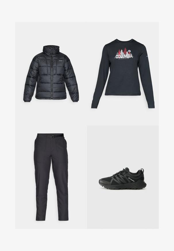Black puffer jacket with high collar, quilted pattern, and zippered front. Features two side pockets and elastic cuffs.; Long-sleeve dark gray shirt with a graphic of red trees and mountains; "COLUMBIA" logo in bold white text. Soft fabric, standard crew neck.; Black, slim-fit pants made of smooth fabric, featuring a belted waist, straight legs, and two front pockets with subtle stitching details.; Columbia PEAKFREAK - Hiking shoes - black