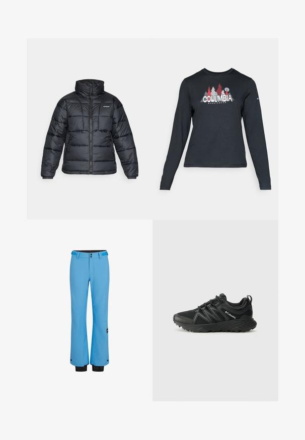 Melnā pūkainā jaka ar augstu apkakli, quilted rakstu un ar rāvējslēdzēju priekšpusi. Iezīmē divas sānu kabatas un elastīgas aproces.; Tumšs pelēks krekls ar garām piedurknēm, ar grafiku, kurā attēloti sarkani koki un kalni; "COLUMBIA" logo treknā baltā tekstā. Mīksta auduma, standarta apaļa kakla izgriezums.; Zilas slēpošanas bikses, kas izgatavotas no ūdensnecaurlaidīga materiāla, ar taisnu kāju dizainu, divām priekšējām kabatām un melniem elastīgiem aprocēm ap potītēm.; Columbia PEAKFREAK - Pārgājienu apavi - black