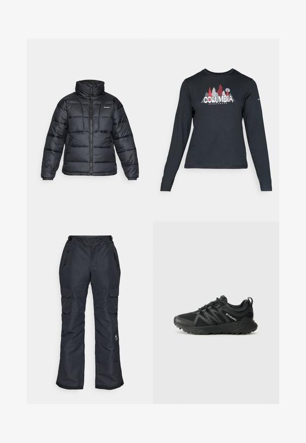 Czarna puchowa kurtka z wysokim kołnierzem, pikowanym wzorem i zamek błyskawiczny z przodu. Posiada dwie boczne kieszenie i elastyczne mankiety.; Długie rękawy, ciemnoszara koszula z grafiką czerwonych drzew i gór; logo "COLUMBIA" w wyraźnym białym tekście. Miękka tkanina, standardowy okrągły dekolt.; Czarne spodnie narciarskie o luźnym kroju, z zamykanymi na zamek kieszeniami, kieszeniami typu cargo na udach oraz teksturowaną powierzchnią dla zwiększenia trwałości.; Columbia PEAKFREAK czarny