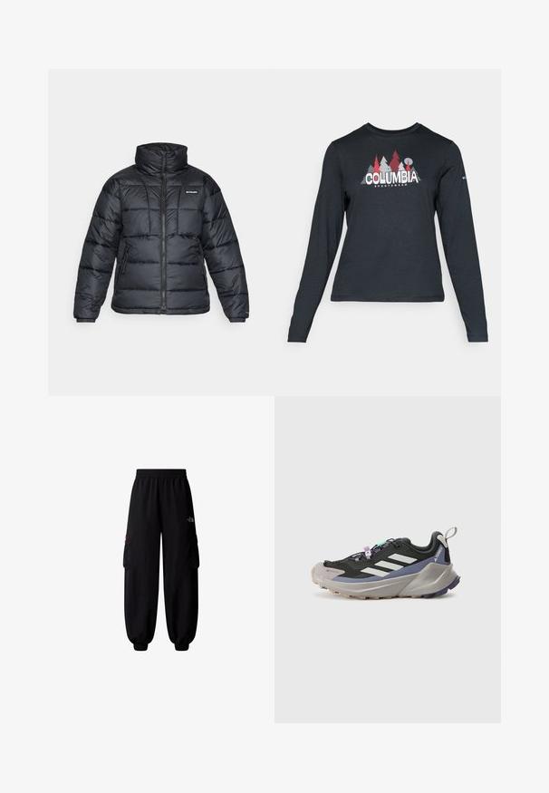 Crna puffa jakna s visokim ovratnikom, kvadratnim uzorkom i zatvaračem sprijeda. Ima dva bočna džepa i elastične manžete.; Majica dugih rukava tamnosive boje s grafikom crvenih drveća i planina; logo "COLUMBIA" u podebljanom bijelom tekstu. Mekana tkanina, standardni okrugli izrez.; The North Face HIMALAYAN - Cargo hlače - tnf black; Crni atletski tenisice s Gore-Tex gornjom, bijelim prugama, ljubičastim akcentima, debelim sivim potplatom i teksturiranim sivim donjim dijelom za bolju prionljivost.