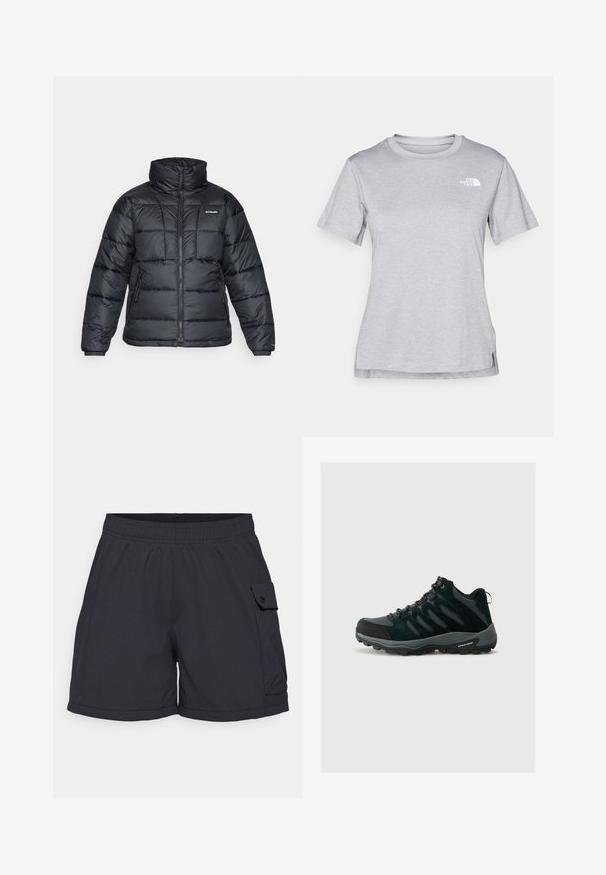 Juodas pūkuotas švarkas su aukštu apykakle, išsiuvinėtu raštu ir užtrauktuku priekyje. Yra dvi šoninės kišenės ir elastingi rankogaliai.; Pilkas trumpomis rankovėmis marškinėliai, pagaminti iš minkštos, drėgmę sugeriančios medžiagos. Turi apvalią iškirptę ir mažą baltą logotipą viršutiniame kairiajame kampe.; Juodi sportiniai šortai, pagaminti iš lengvos medžiagos. Yra elastinga juostos, šoninė kišenė su mygtuko uždarymu ir laisvas siluetas.; Columbia REDMOND - Turistiniai batai - black/citron haze