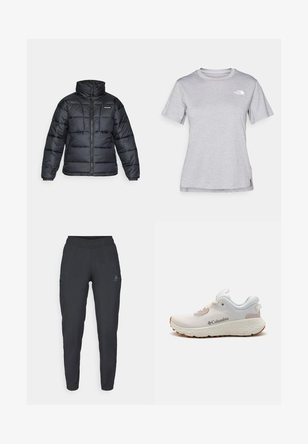Svart dunjakke med høy krage, kviltet mønster og glidelås foran. Har to sidelommer og elastiske mansjetter.; Grå kortermet t-skjorte laget av myk, fukttransporterende stoff. Har en rund hals og en liten hvit logo på øvre venstre side.; Sorte treningsbukser laget av myk materiale; har elastisk midjebånd, innsnittede ben og sidelommer, med en logo på venstre lår.; Lettvekts Columbia treningssko i hvit mesh med en teksturert grå såle og gummitraction. Har en polstret krage og snøring.