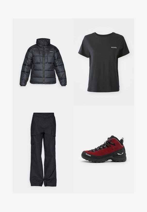 Črna pihasta jakna z visokim ovratnikom, prešitimi vzorci in zadrgo spredaj. Ima dve stranski žepki in elastične manšete.; Črna bombažna majica s kratkimi rokavi, okroglim izrezom in majhnim belim logotipom Columbia Sportswear na levi strani prsnega koša.; Columbia BREA FALLS™ COTTON RIPSTOP PANT - Hlače za na prostem - black; Rdeče in črne pohodne čevlje iz zamšastih in gumijastih materialov, z teksturiranimi vezalkami, ojačanim sprednjim delom in detajlom logotipa na strani in podplatu.