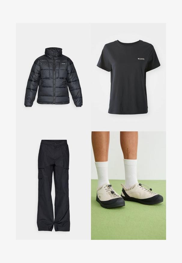 Juodas pūkuotas švarkas su aukštu apykakle, išsiuvinėtu raštu ir užtrauktuku priekyje. Yra dvi šoninės kišenės ir elastingi rankogaliai.; Juodas medvilnės marškinėliai trumpomis rankovėmis, apvaliu iškirpimu ir mažuoju baltu Columbia Sportswear logotipu kairėje krūtinės pusėje.; Columbia BREA FALLS™ COTTON RIPSTOP PANT - Lauko kelnės - black; Šviesiai rudos spalvos batai su juodais akcentais, tinklelio šoniniais skydeliais ir saugiu raištelių reguliatoriumi. Stori guminiai padai su raštuotu protektoriu. Dėvimi su baltais kojiniais.