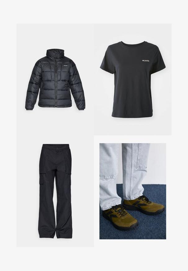 Svart dunjakke med høy krage, kviltet mønster og glidelås foran. Har to sidelommer og elastiske mansjetter.; Svart bomull t-skjorte med korte ermer, rund halslinning og lite hvitt Columbia Sportswear-logo på venstre brystområde.; Columbia BREA FALLS™ COTTON RIPSTOP PANT - Friluftsbukser - black; Olivengrønne sneakers med sorte accenter, lavet af ruskind og mesh-materialer, rund tå og strukturerede såler. Sat sammen med lysegrå denimbukser.