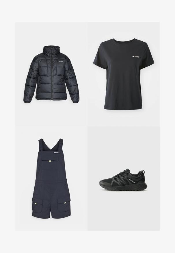 Juodas pūkuotas švarkas su aukštu apykakle, išsiuvinėtu raštu ir užtrauktuku priekyje. Yra dvi šoninės kišenės ir elastingi rankogaliai.; Juodas medvilnės marškinėliai trumpomis rankovėmis, apvaliu iškirpimu ir mažuoju baltu Columbia Sportswear logotipu kairėje krūtinės pusėje.; Columbia PFG OPEN WATER™ OVERALL - Lauko šortai - black; Columbia PEAKFREAK - Turistiniai batai - black