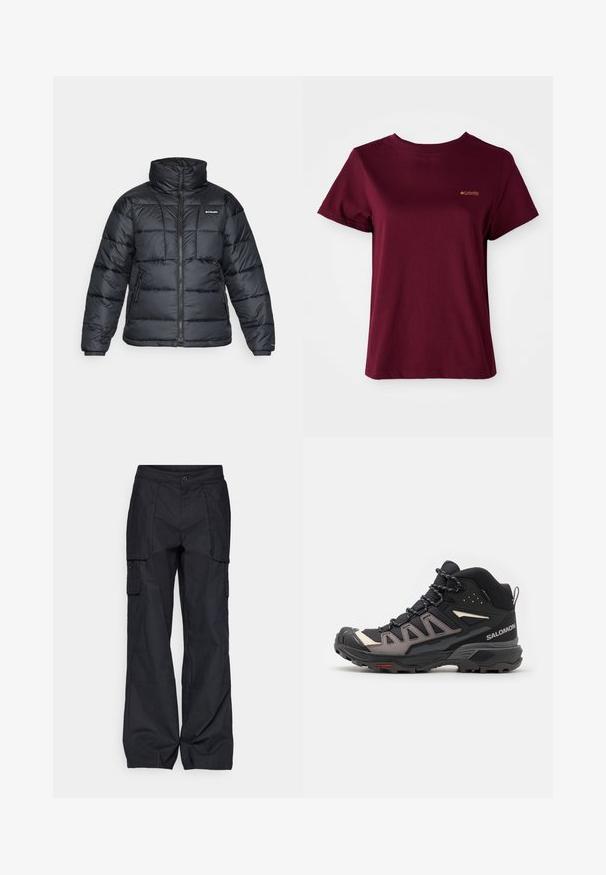 Mustat puffatakit, joissa on korkea kaulus, päivitysympäristö ja vetoketjullinen etuosa. Varustettu kahdella sivutaskulla ja joustavilla hihansuilla.; Burgundy-punainen puuvillapaita pyöreällä kauluksella, lyhyillä hihoilla ja pienellä kultaisella Columbia-logolla vasemmassa rinnassa. Sujuva texture, rento istuvuus.; Columbia BREA FALLS™ COTTON RIPSTOP PANT - Ulkohousut - black; Mustat ja harmaat vaelluskengät, joissa on verkkokangasta ja synteettisiä materiaaleja, kestävä pohja, nauhakuvaus ja vahvistettu varvaskuppi. Brändilogo näkyvissä.