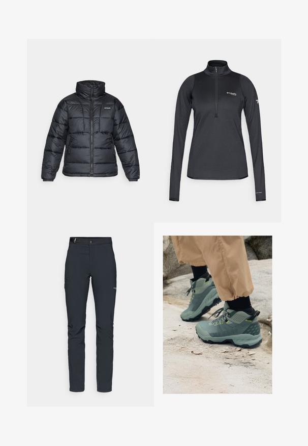 Black puffer jacket with high collar, quilted pattern, and zippered front. Features two side pockets and elastic cuffs.; Black Columbia Titanium long-sleeve athletic pullover with quarter-zip and Omni-Heat branding on the left sleeve cuff.; Men's outdoor pants, dark gray, made from flexible material, featuring a belt, zippered pockets, and reinforced stitching.; Mammut outdoor shoes in muted green with textured upper, yellow accents, and rugged black sole. Durable design for outdoor activities.