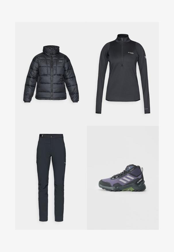 Musternatukamm, millel on kõrge krae, tikitud muster ja tõmblukuga esiosa. Sellel on kaks küljetaskut ja elastsed mansetid.; Mustast Columbia Titanium pikad käised spordipusa, millel on veerand tõmblukk ja Omni-Heat bränding vasakul varruka äärmisel osal.; Meeste välkpüksid, tumehallid, valmistatud paindlikest materjalidest, vöökohaga, tõmblukuga taskud ja tugevdatud õmblused.; Lilla ja must matkasaapad tekstureeritud pealmise, hallide aktsentide ja rohelise tallaga, millel on paeltega kinnitamine ja tugev mustripind.