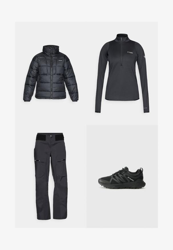 Casaco puffer preto com gola alta, padrão acolchoado e fecho éclair à frente. Apresenta dois bolsos laterais e punhos elásticos.; Pullover atlético de manga longa Columbia Titanium preto com fecho de correr de um quarto e marcação Omni-Heat na bainha da manga esquerda.; Calças cargo pretas com uma textura suave, vários bolsos, detalhes com fechos de correr e um fecho de gancho e laço na cintura.; Columbia PEAKFREAK - Sapatos de caminhada - black