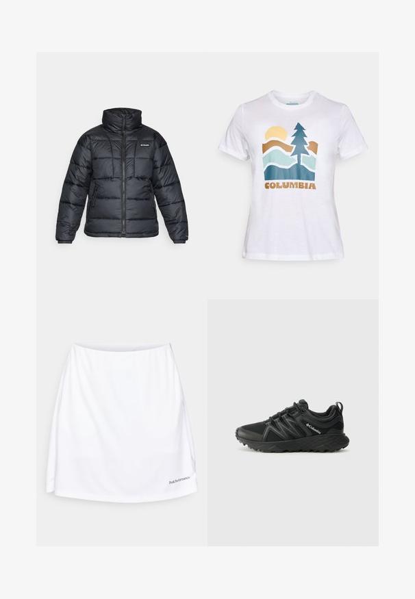 Jachetă pufată neagră cu guler înalt, model matlasat și închidere cu fermoar. Dispune de două buzunare laterale și manșete elastice.; Tricou alb cu mânecă scurtă, având o grafică cu un soare, un copac, munți și cuvântul "Columbia" scris cu litere maro pe față.; Fustă athletică albă cu o textură netedă, un talie lată și un logo în colțul din dreapta jos. Prezintă o croială lejeră pentru confort.; Columbia PEAKFREAK - Pantofi drumeție - black