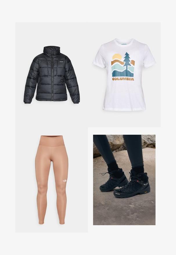 Fekete puffermellény magas gallérral, steppelt mintával és cipzáras elülső résszel. Két oldalsó zsebe és rugalmas mandzsettái vannak.; Fehér, rövid ujjú póló, amelyen egy nap, fa, hegyek grafikája és a "Columbia" szó barna betűkkel szerepel az elején.; Magas derekú, testhezálló leggings világosbarna színben. Sima, rugalmas anyagból készült, bal combján fehér logóval.; Fekete túra cipők magas bokával, texturált felülettel, megerősített orral és Vibram talppal. Fűzős záródással és oldalsó logóval rendelkezik.