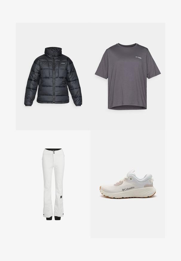 Black puffer jacket with high collar, quilted pattern, and zippered front. Features two side pockets and elastic cuffs.; Short-sleeve gray t-shirt made of smooth fabric. Features a round neckline and a small logo printed on the chest.; White ski pants made from a water-resistant fabric with a smooth texture. Features two black buttons at the waist and zippered pockets.; Lightweight Columbia athletic shoe in white mesh with a textured gray sole and rubber traction. Features a padded collar and lace-up design.