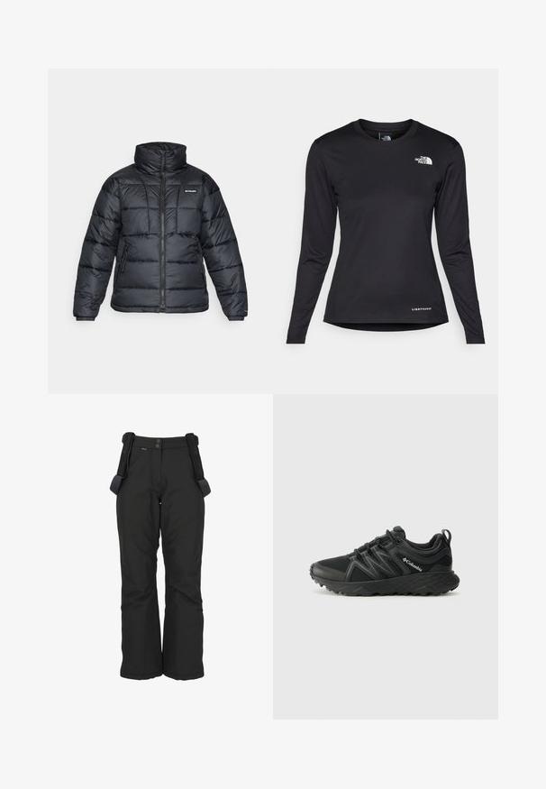 Zwarte pufferjack met hoge kraag, gestikt patroon en rits aan de voorkant. Beschikt over twee zijzakken en elastische manchetten.; The North Face SHADOW LONG SLEEVE - Longsleeve - black; Zwarte waterdichte sneeuwbroeken met verstelbare banden, beschikken over een gladde textuur, een rechtzijdig ontwerp en versterkte naden voor duurzaamheid.; Columbia PEAKFREAK - Outdoorschoenen - black