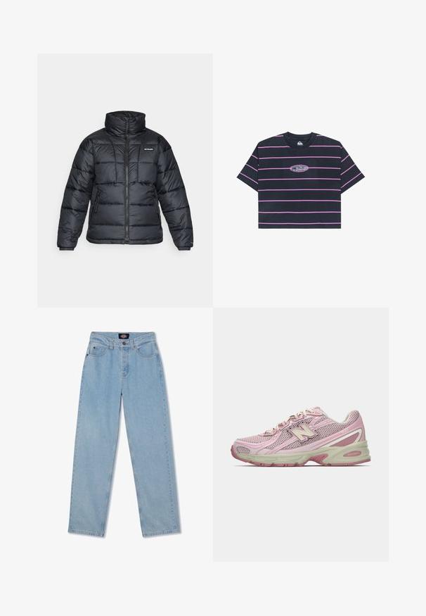 Musternatukamm, millel on kõrge krae, tikitud muster ja tõmblukuga esiosa. Sellel on kaks küljetaskut ja elastsed mansetid.; Lühikeste varrukatega must unisex T-särk, millel on horisontaalsed roosa triibud ja keskel on helesinise ning valge äärtega tikitud Quiksilveri logo.; Heledad sinine teksapüksid, sirge lõikega, viie taskuga, nupuga kinnitusega ja peente hõõrdumisjälgedega ees.; Roosa ja beež New Balance 740 sneaker, millel on võrkkattega ja sünteetilisest materjalist ülemine osa, paelaga kinnitus ja pehme tallaga, kujutatud külgprofilis.