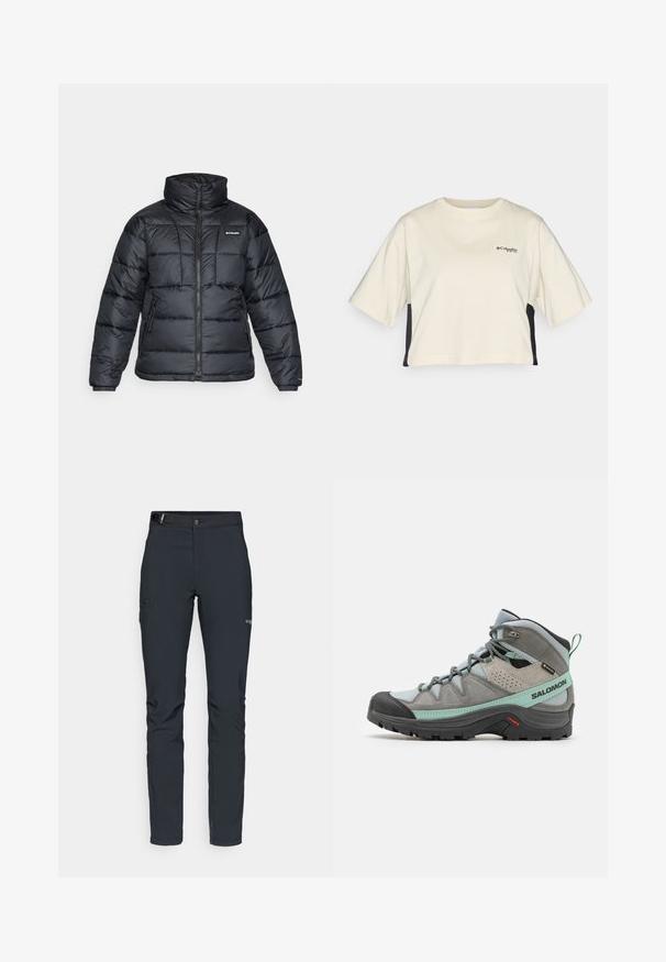 Melnā pūkainā jaka ar augstu apkakli, quilted rakstu un ar rāvējslēdzēju priekšpusi. Iezīmē divas sānu kabatas un elastīgas aproces.; Krēmkrāsas īsā krekla ar apaļu kaklu, īsām piedurknēm un melniem sānu paneļiem; uz krūtīm redzams neliels melns logotips.; Vīriešu āra bikses, tumši pelēkā krāsā, izgatavotas no elastīga materiāla, ar jostu, kabatām ar rāvējslēdzēju un pastiprinātām šuvēm.; Pelēkie pārgājienu zābaki ar teksturētu ādas un tīkla augšdaļu, melnu gumijas purngala aizsargu un piparmētru zaļiem akcentiem. Ar mīkstu zoli un šņorēšanas sistēmu.