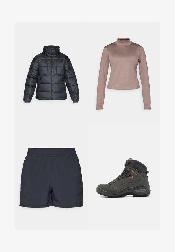 Czarna puchowa kurtka z wysokim kołnierzem, pikowanym wzorem i zamek błyskawiczny z przodu. Posiada dwie boczne kieszenie i elastyczne mankiety.; Columbia GRANITE POINT™ piaskowy; Ciemnoszare szorty wykonane z lekkiego materiału, z elastycznym pasem, bocznymi kieszeniami na zamek i prostym krojem.; Zielony but trekkingowy z wysokim chwytem wokół kostki, wykonany z materiałów skórzanych i syntetycznych, gumowa podeszwa oraz metalowe oczka na sznurówki. Minimalistyczne akcenty.