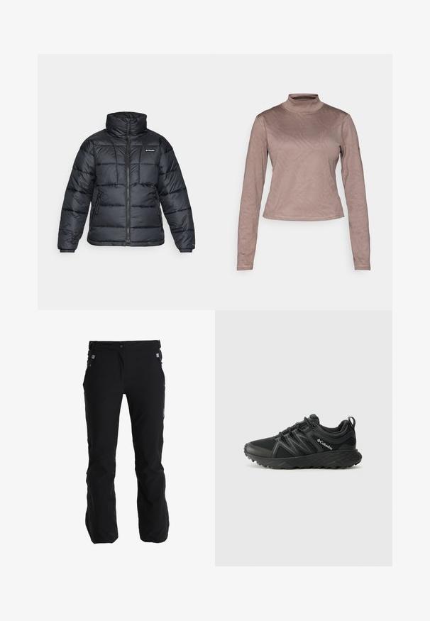 Veste rembourrée noire avec col haut, motif matelassé et fermeture éclair à l'avant. Elle dispose de deux poches latérales et de poignets élastiques.; Columbia GRANITE POINT™ - T-shirt à manches longues - iron; Pantalons noirs imperméables avec taille ajustable, poches zippées et coupe décontractée. Fabriqués en tissu léger et durable avec une texture lisse.; Columbia PEAKFREAK - Chaussures de marche - black