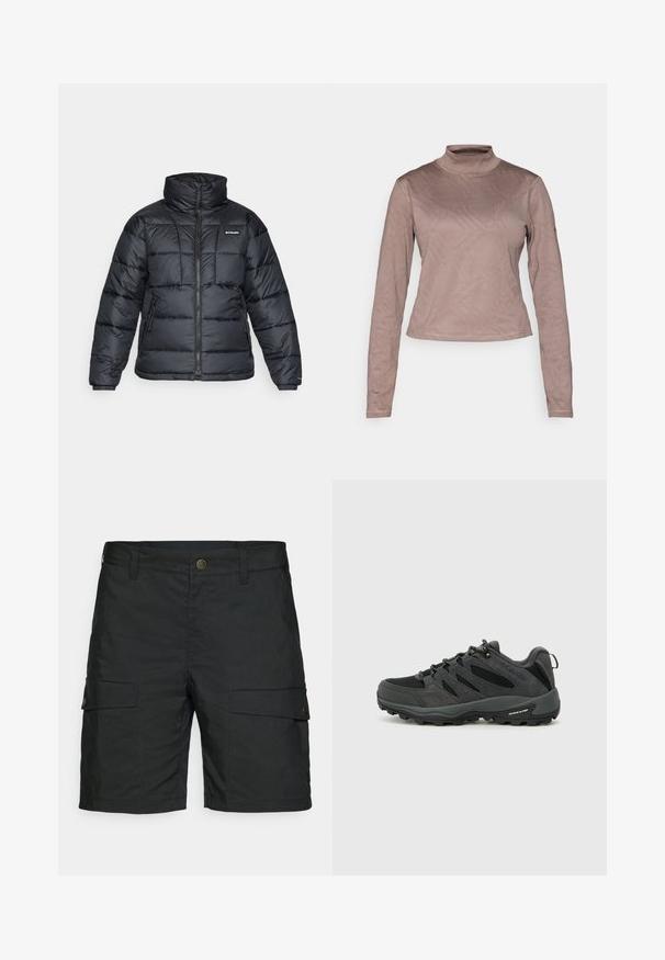 Svart dunjakke med høy krage, kviltet mønster og glidelås foran. Har to sidelommer og elastiske mansjetter.; Columbia GRANITE POINT™ - Topper langermet - iron; Svart cargo-shortser laget av lett stoff, med to sidelommer med klaffer, knappelukking og klassisk passform.; Columbia REDMOND - Fjellsko - black/citron haze