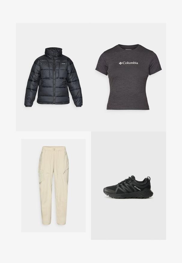Fekete puffermellény magas gallérral, steppelt mintával és cipzáras elülső résszel. Két oldalsó zsebe és rugalmas mandzsettái vannak.; Sötétszürke, rövid ujjú póló, texturált anyagból, kerek nyakkal, fehér Columbia logóval a mellkason.; Világos bézs színű cargo nadrág, rugalmas derékkal, cipzáras zsebekkel és panelezett részletekkel. Simás, könnyű anyagból készült.; Columbia PEAKFREAK - Túracipők - black