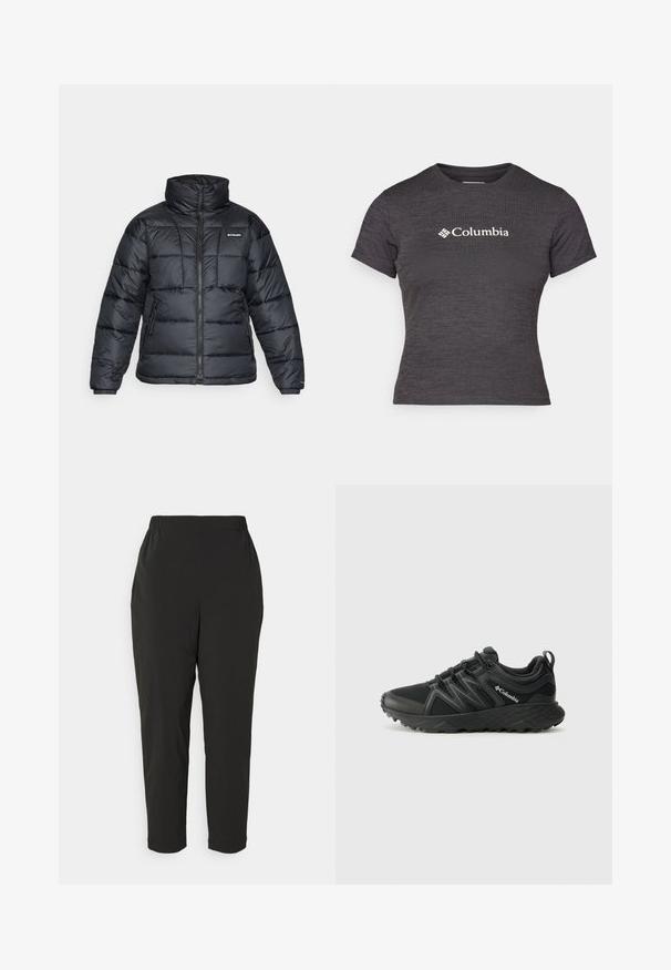 Casaco puffer preto com gola alta, padrão acolchoado e fecho éclair à frente. Apresenta dois bolsos laterais e punhos elásticos.; T-shirt de manga curta cinza escuro, feita de tecido texturizado, com um decote redondo, apresentando um logo branco da Columbia no peito.; Calças pretas, leves, com uma cinta elástica na cintura, design afunilado nos tornozelos e textura suave. Adequadas para uso casual.; Columbia PEAKFREAK - Sapatos de caminhada - black