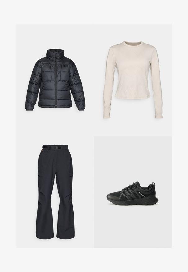 Črna pihasta jakna z visokim ovratnikom, prešitimi vzorci in zadrgo spredaj. Ima dve stranski žepki in elastične manšete.; Dolgih rokavov zgornji del v svetli bež barvi, ki ima teksturiran vzorec prepletenih črt, okroglo izrezano ovratnik in slim-fit zasnovo.; Črne cargo hlače z ravnim pasom in nastavljivim pasom, obrobljene s stranskimi žepi in ohlapnim krojem s zoženimi hlačnicami. Teksturirano blago.; Columbia PEAKFREAK - Pohodniški čevlji - black