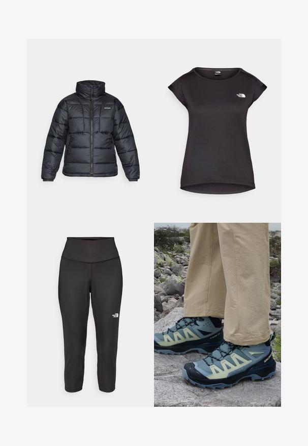 Melnā pūkainā jaka ar augstu apkakli, quilted rakstu un ar rāvējslēdzēju priekšpusi. Iezīmē divas sānu kabatas un elastīgas aproces.; The North Face TANKEN TANK - Sporta krekli - black; Melnas kapri legingu bikses, kas izgatavotas no elastīga auduma, ar augstu jostasvietu un mazu baltu logo kreisajā pusē. Gluda tekstūra.; Salomon X ULTRA 360 MID GTX - Pārgājienu apavi - trooper/carbon/arona