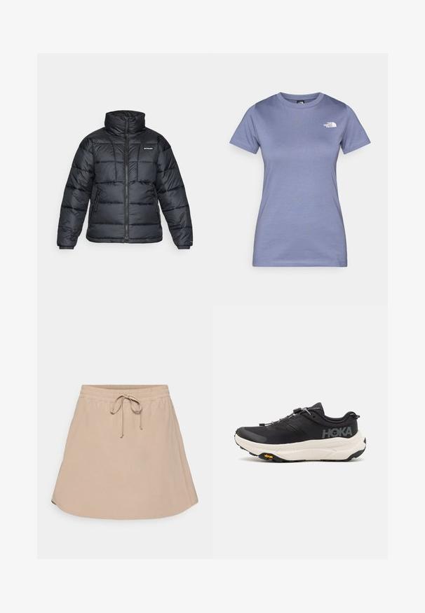 Fekete puffermellény magas gallérral, steppelt mintával és cipzáras elülső résszel. Két oldalsó zsebe és rugalmas mandzsettái vannak.; Világoslila, rövid ujjú pamut póló, kerek nyakkivágással és egy apró fehér logóval a mellrészen. Simább textúra.; Beige, térdihosszig érő szoknya, rugalmas derékkal, húzózsinóros részletekkel és enyhén bővülő szegéllyel. Simogató, könnyű anyag.; Fekete sportcipők lélegző hálós felsőrésszel, gumitípusú talppal, fehér párnázott középtalppal és fényvisszaverő fűzőkkel. Vibram logó a talpon.