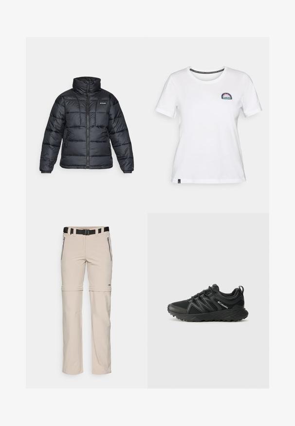 Juodas pūkuotas švarkas su aukštu apykakle, išsiuvinėtu raštu ir užtrauktuku priekyje. Yra dvi šoninės kišenės ir elastingi rankogaliai.; Balta medvilninė marškinėliai su apvaliu kaklu, trumpomis rankovėmis ir išsiuvinėtu logotipu, kuriame pavaizduota spalvinga kalnų grafika kairėje krūtinės pusėje.; Šviesiai rudos spalvos lauko kelnės, pagamintos iš lengvos medžiagos, su nuimama kojų dizainu, reguliuojamu diržu ir dviem užtrauktukais uždaromomis šoninėmis kišenėmis.; Columbia PEAKFREAK - Turistiniai batai - black