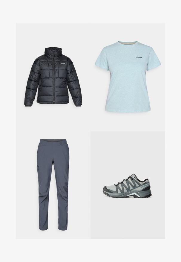 Musternatukamm, millel on kõrge krae, tikitud muster ja tõmblukuga esiosa. Sellel on kaks küljetaskut ja elastsed mansetid.; Heledadsinine lühikeste varrukatega Patagonia T-särk, millel on ümmargune kaelus ja väike must Patagonia logo vasakul rinnal.; Hallid performance püksid, millel on elastne vöökoht, kaks eesmist taskut ja tõmblukuga küljetasku. Sile tekstuur ja kitsenev lõige.; Kerged jalgsimatkavate kingad hallist silmkoest mustrite aktsentidega. Omavad tekstuuriga tallat ja pehmendatud kand, et tagada mugavus ja haarduvus.